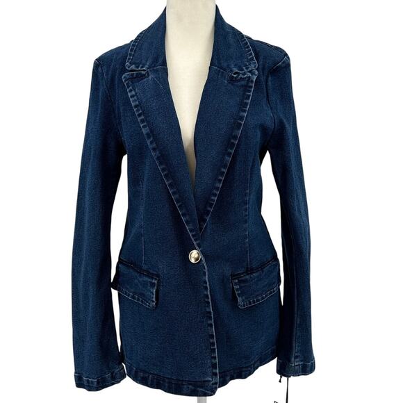 Bagatelle Denim Blazer WMNS M Dark Wash One Button Tailored Stretch Notch Collar - Picture 4 of 14
